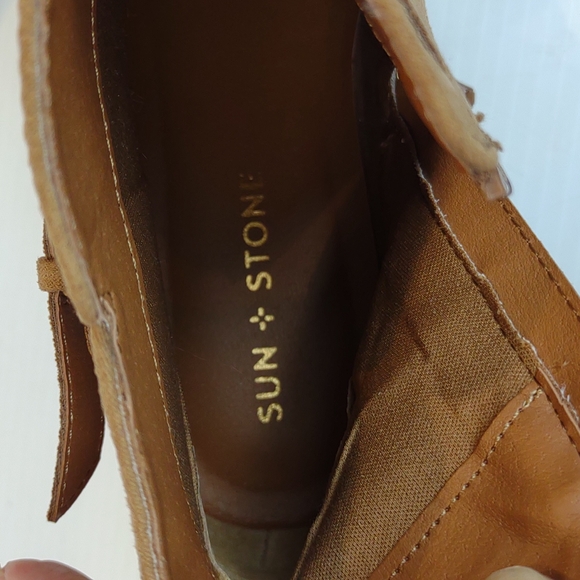 Sun + Stone Saandis Tan Slender Buckle Straps Block Heel Inner Ankle Zip Booties - Picture 7 of 15